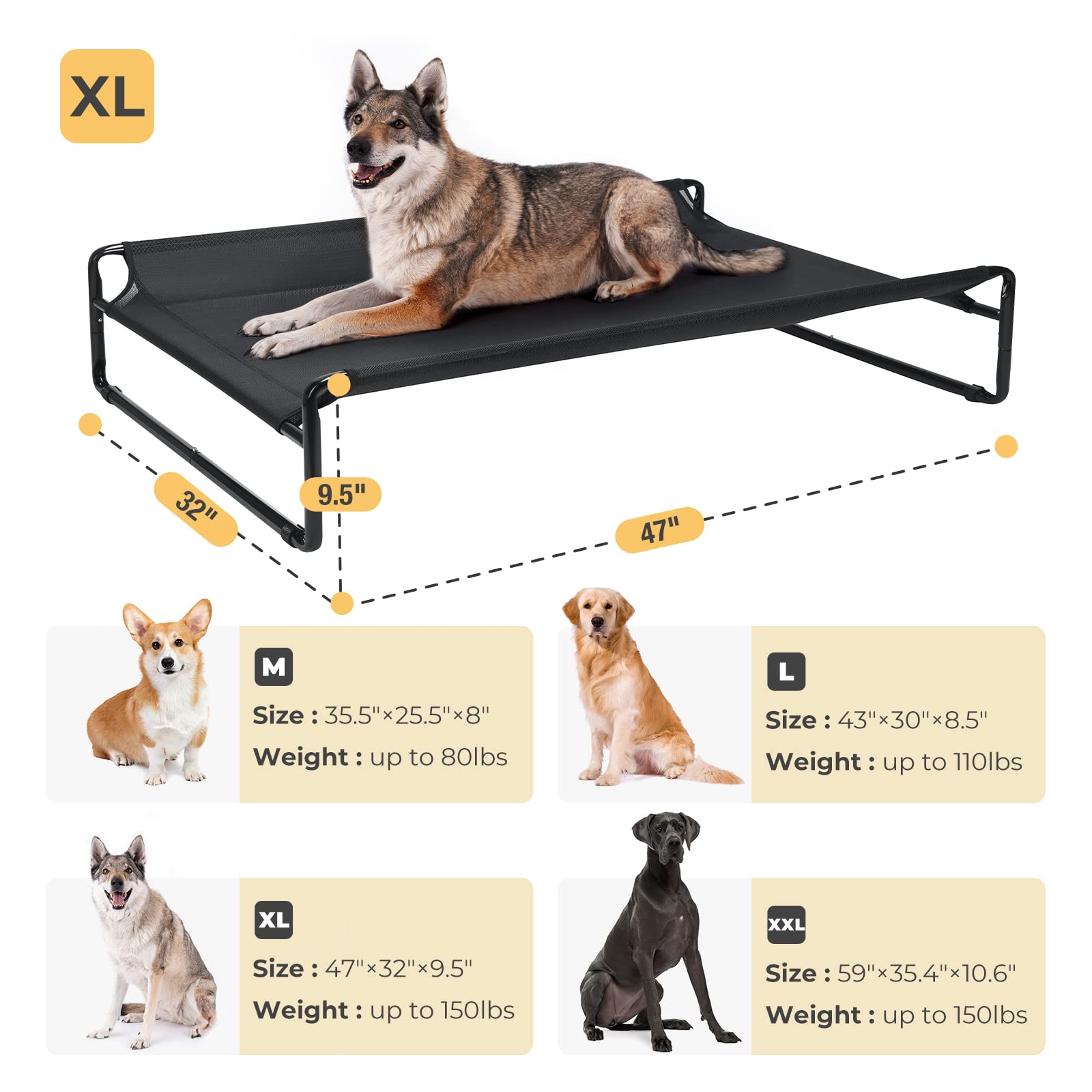 Veehoo Original Cooling Elevated Dog Bed, Outdoor Raised Dog Cots Bed For Large Dogs, Chew Proof Standing Pet Bed With Washable Breathable Mesh, No-Slip Feet For Indoor Outdoor, X-Large, Black