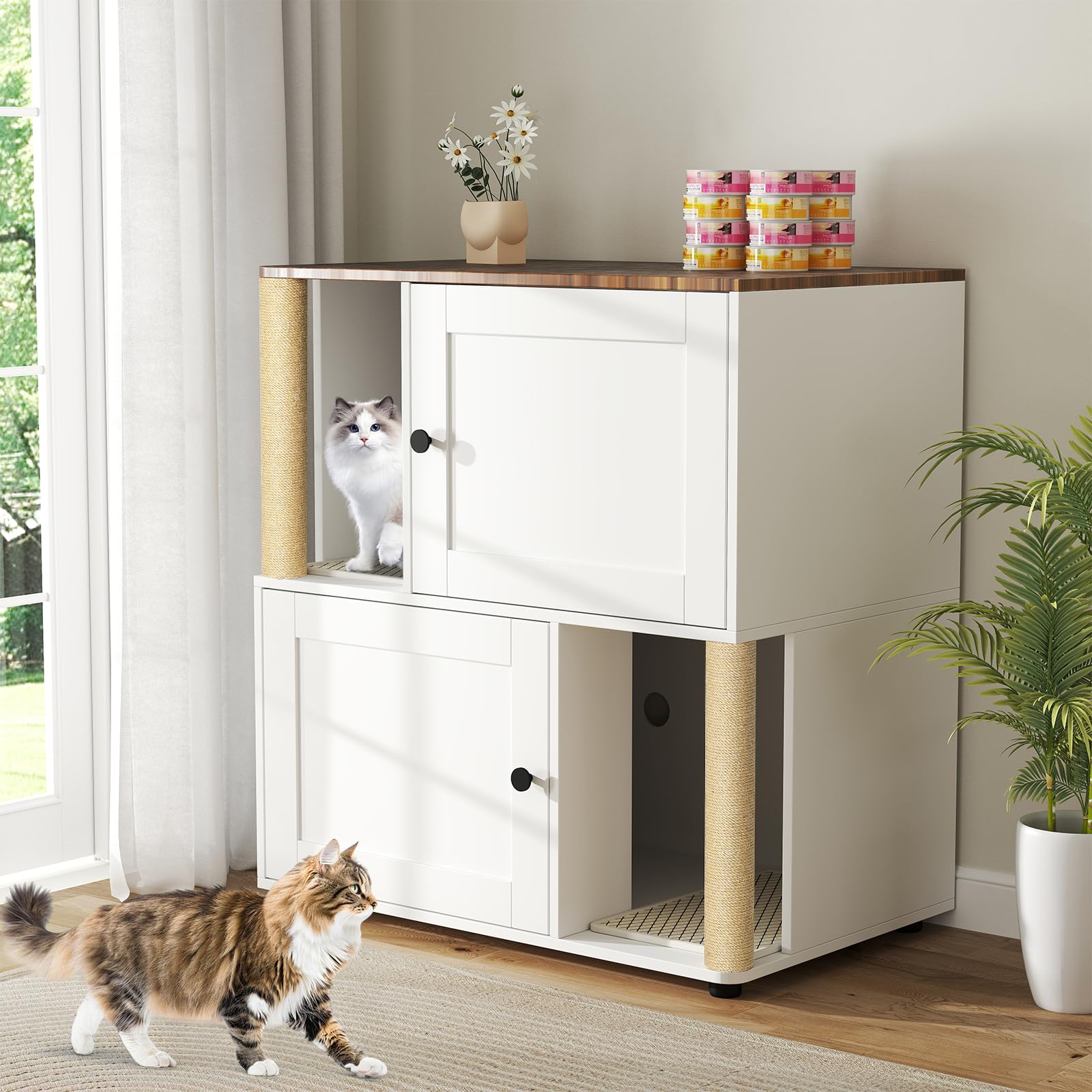 Yafylly Double Litter Box Enclosure for 2 Cats, 2-Tier Cat Litter Box Furniture with Scratching Posts & Litter Mat, Hidden Cat L