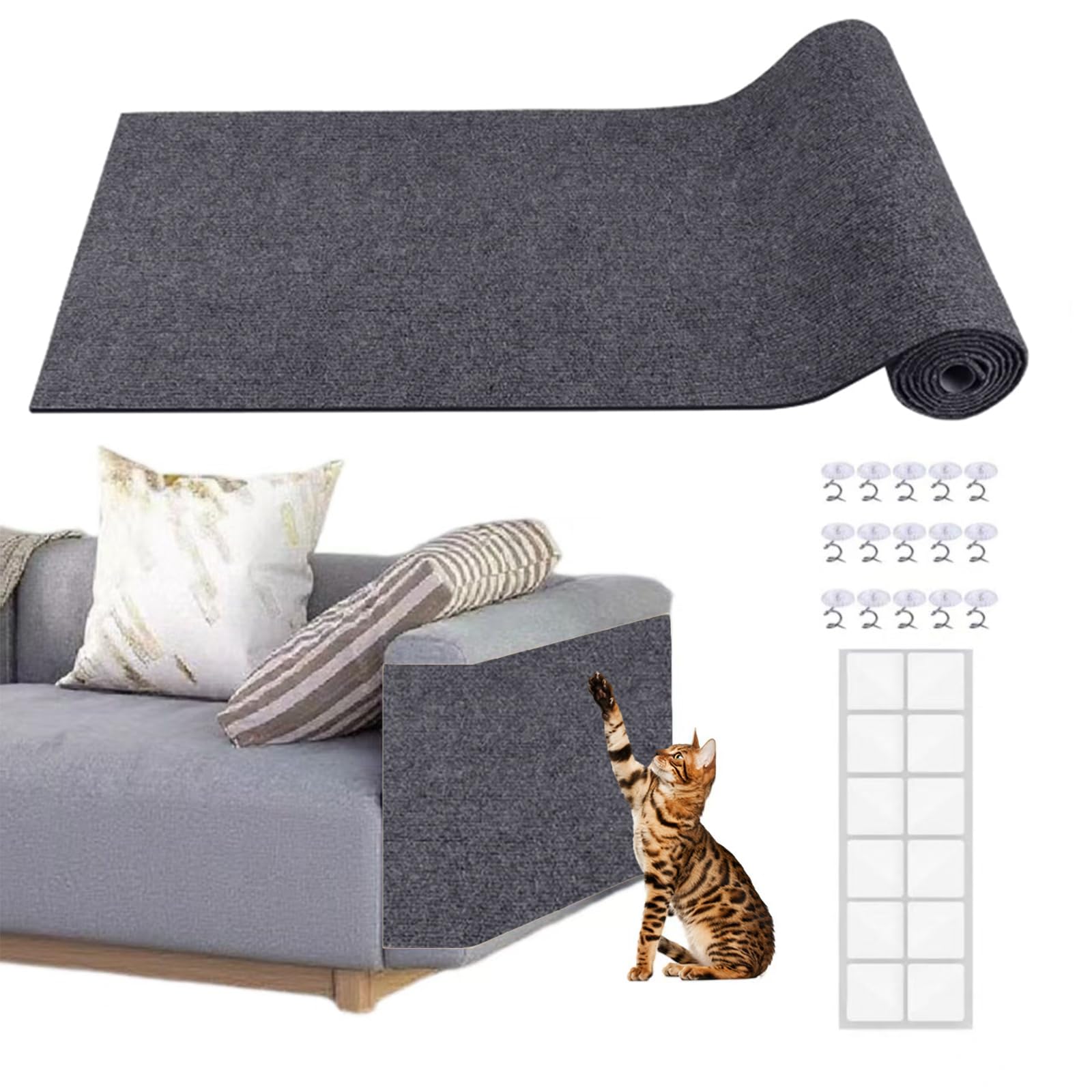 KVIDA Cat Scratch Furniture Protector - 98x16 Extra-Long Self-Adhesive Cat Scratch Pad for Couch, Cuttable Carpet Sofa Shield wi