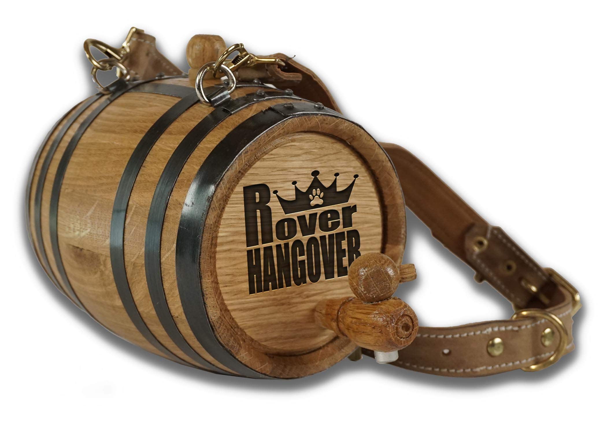 St Bernard Whiskey Barrel Collar for Dog, 'Rover Hangover' w/Princess Crown - 1/2 Liter Oak Aging Barrel Dispenser for Saint Ber
