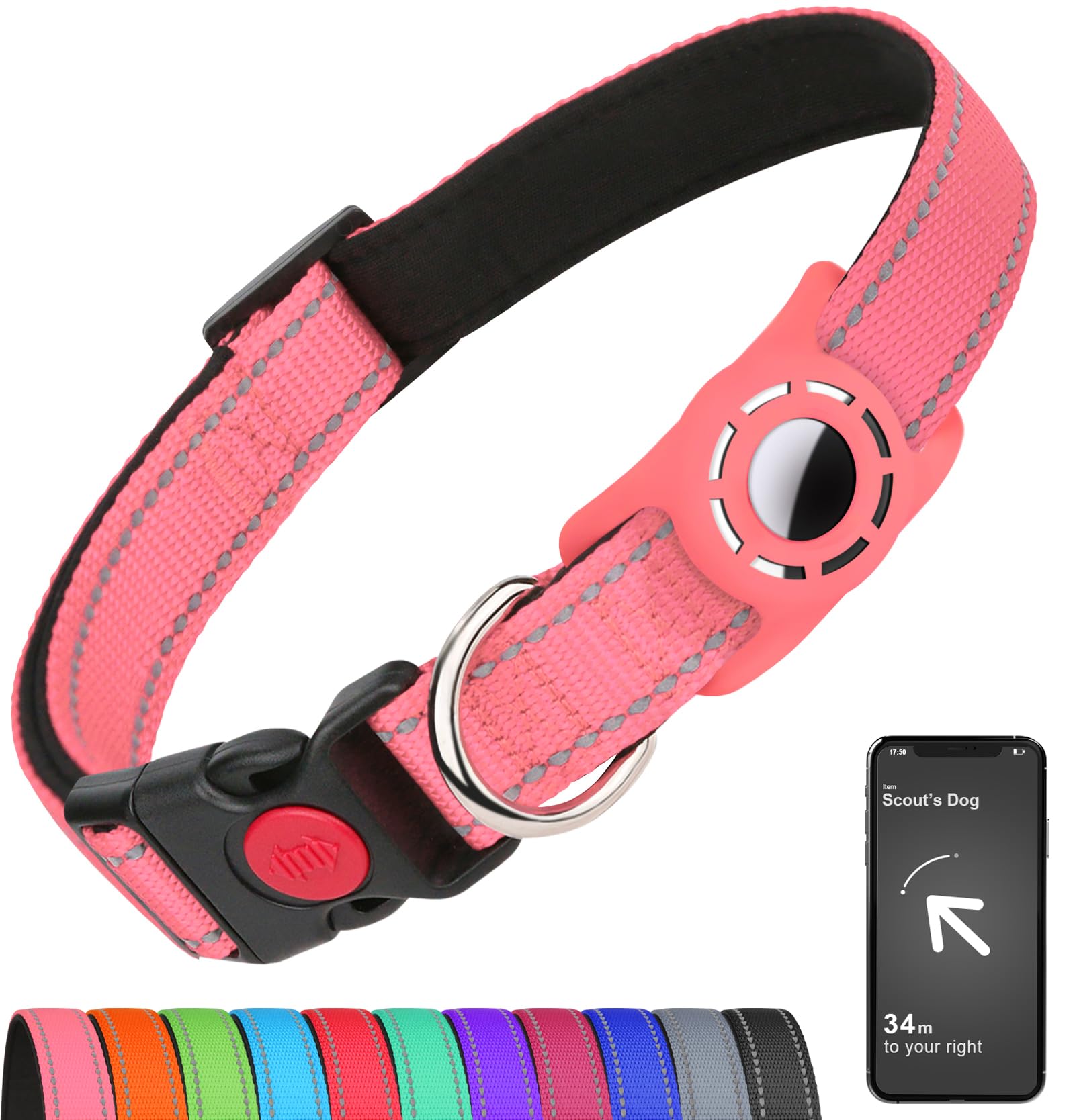 Erbine Airtag Dog Collar For Small Dogs, Reflective Dog Collars With Airtag Holder, Soft Padded & Safety Locking Buckle, Nylon Pet Collar Adjustable For All Breeds,Pink