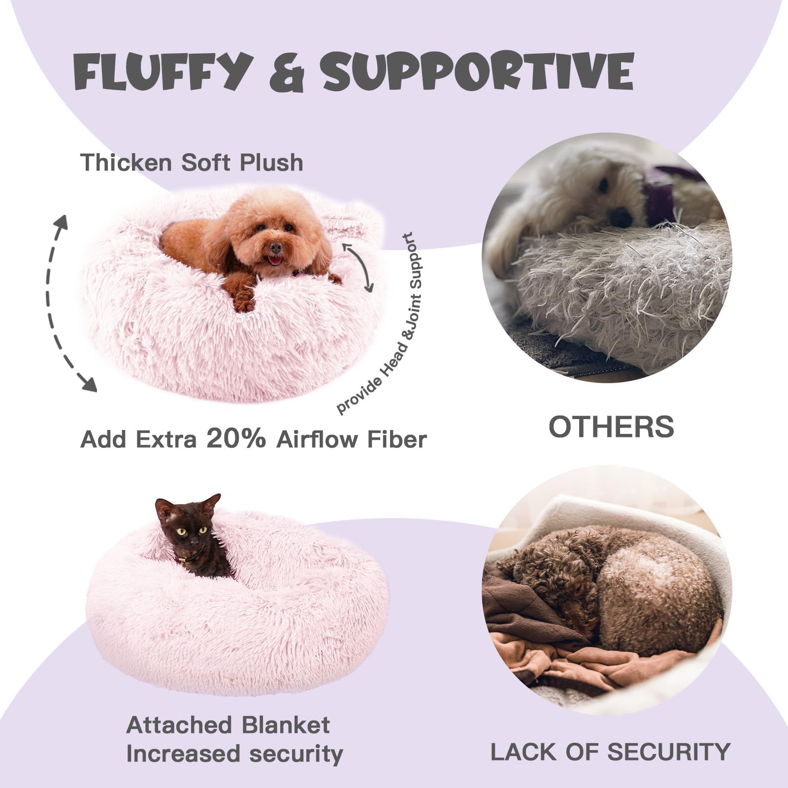 Himax Calming Anti-Anxiety Dog Bed For Medium Dogs With Attached Blanket - Pink, Fluffy, Washable (20/26/35)