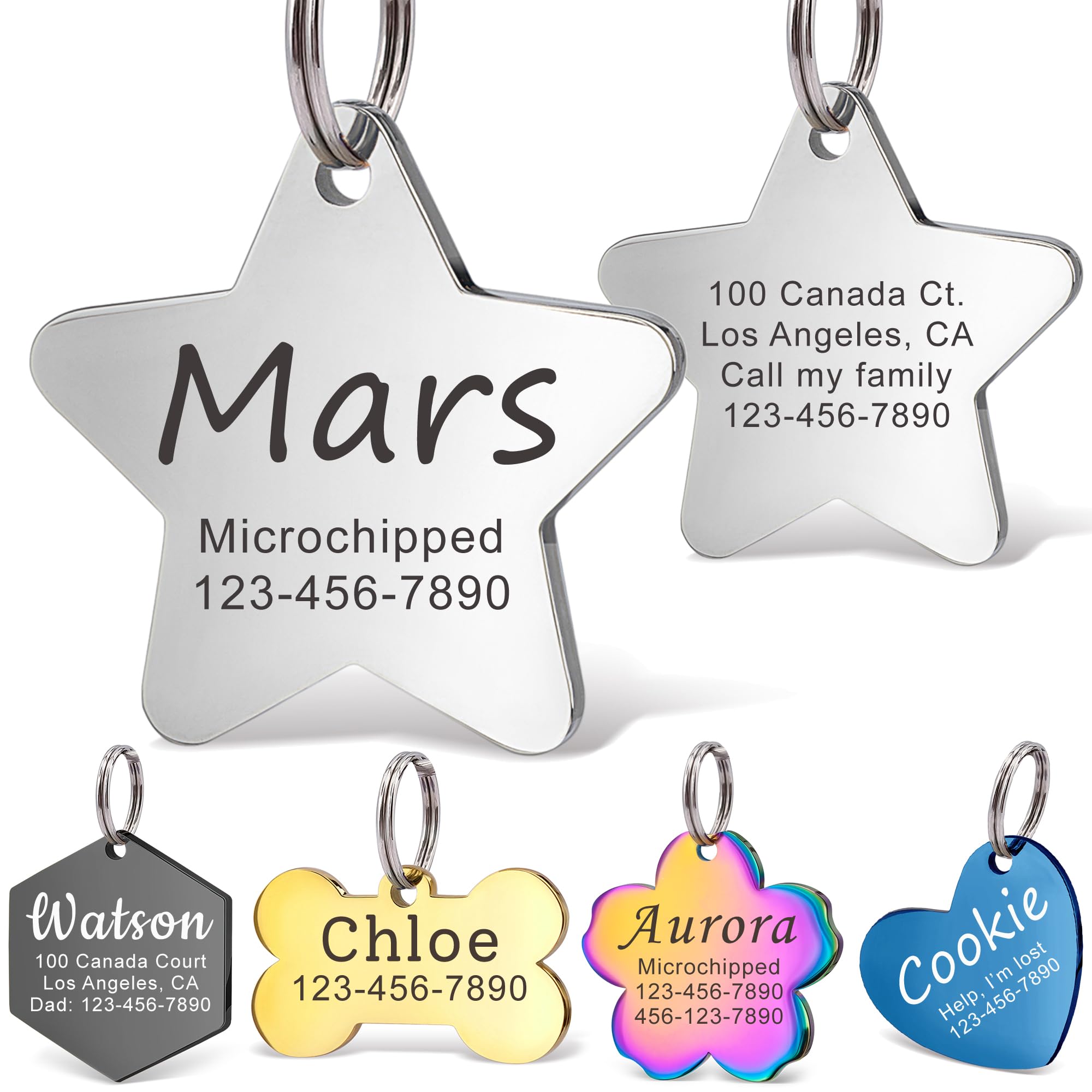 Anavia Personalized Pet Id Tags, Stainless Steel Glossy Laser Engraved Dog Cat Collar Name Tags, Multiple Colors Shapes Sizes (S