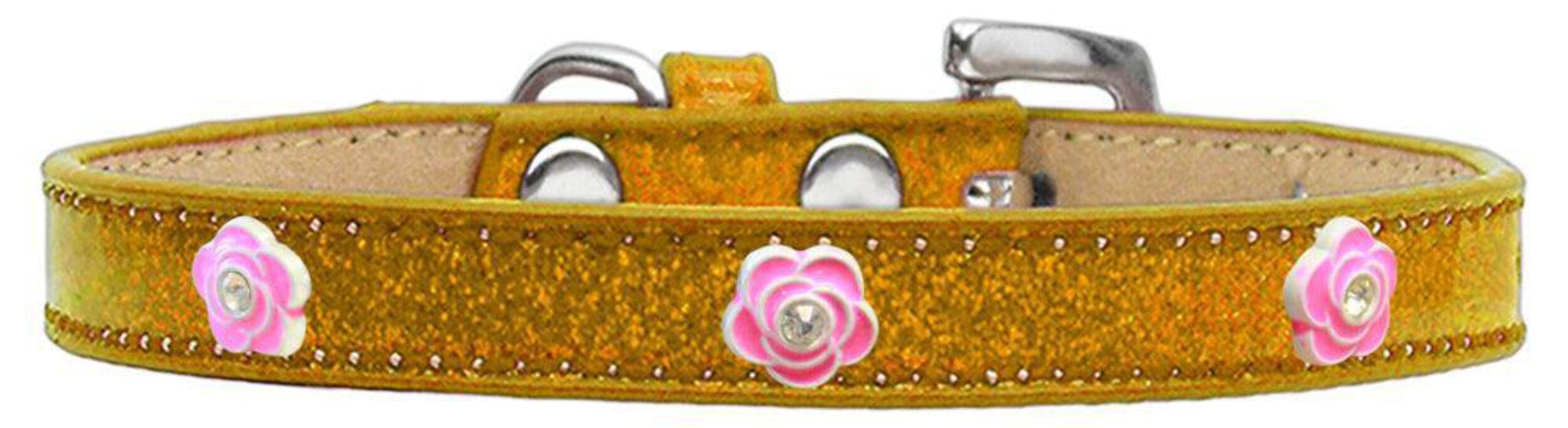 Mirage Pet Products Bright Pink Rose Widget Dog Collar Gold Ice Cream, Size 12