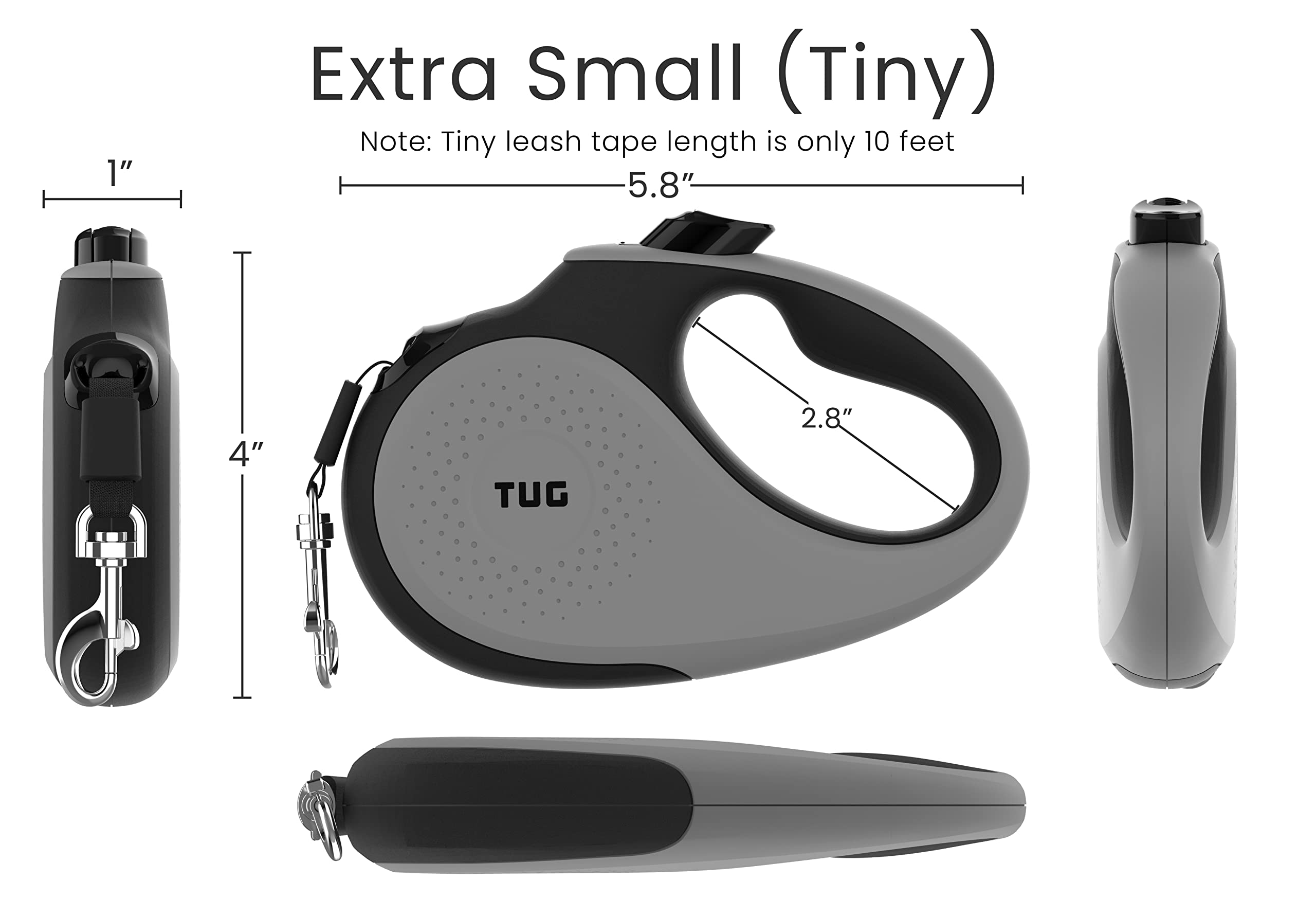 Tug Tiny 360 Tangle-Free Retractable Dog Leash With Anti-Slip Handle | 10 Ft Nylon Tape | One-Handed Brake, Pause, Lock (Grey)