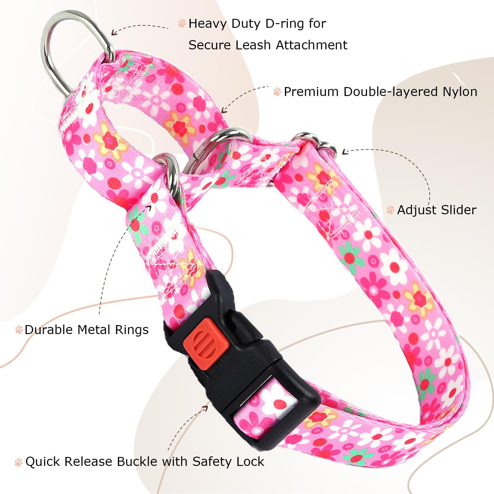 Pink Martingale Collar For Small Dogs With Safety Buckle, Adjustable Girl Dog Collars With Flowers Design, Heavy Duty No Slip Co