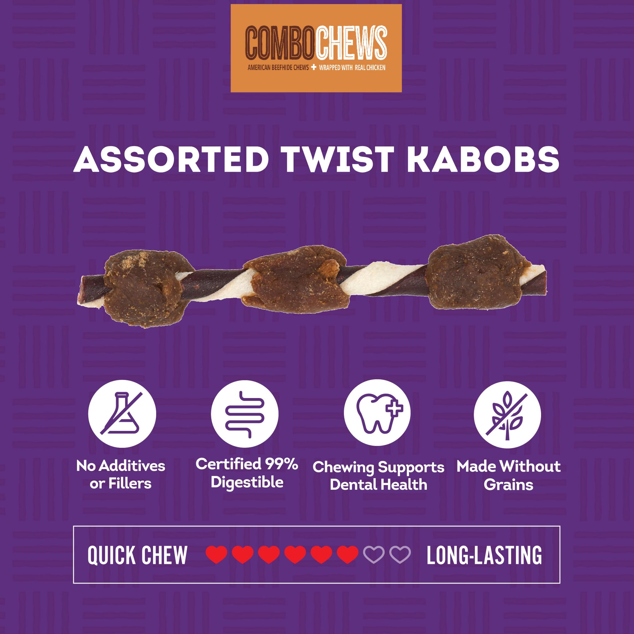 Treatly Combo Chews Rawhide/Pork Flavor Rawhide Kabob 5 w/Duck/Chicken Meat Wrap Dog Chew Treats - 18 Count/1 Pack