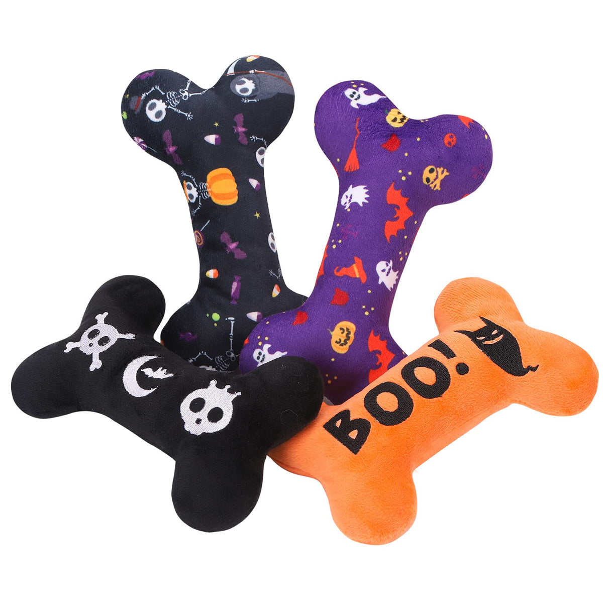 Scenereal Dog Halloween Toys Pack 4- Dog Squeaky Plush Toy,Durable Cute Interactive Dog Stuffed Toys With Squeaker, Dog Chew Toys For Small Medium Dogs Puppies Bone Shape