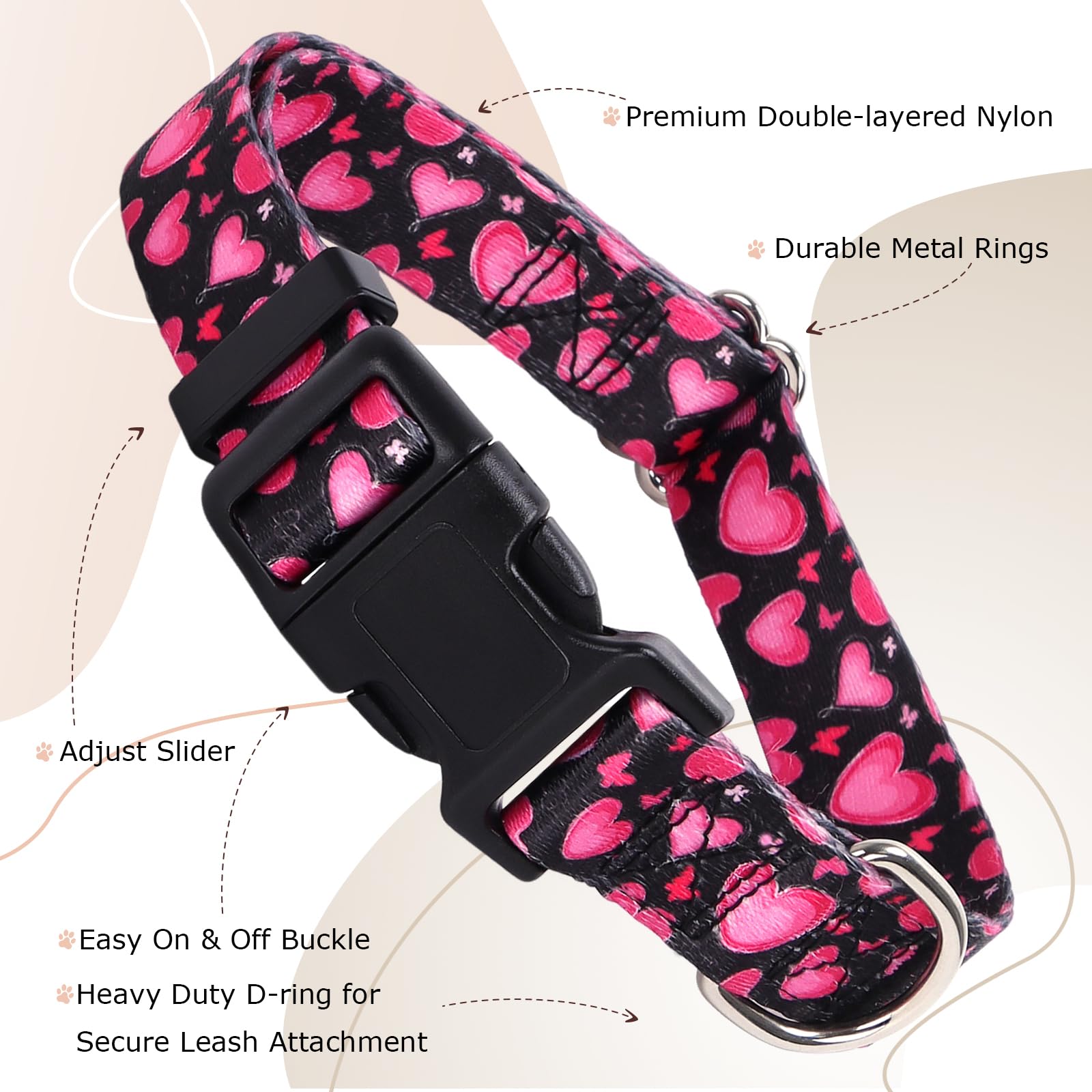 Dog Collar For Large Dogs With Love Heart Patterns For Girl & Boy Dogs, Pink Dog Collar Adjustable Nylon Collar With Quick-Relea