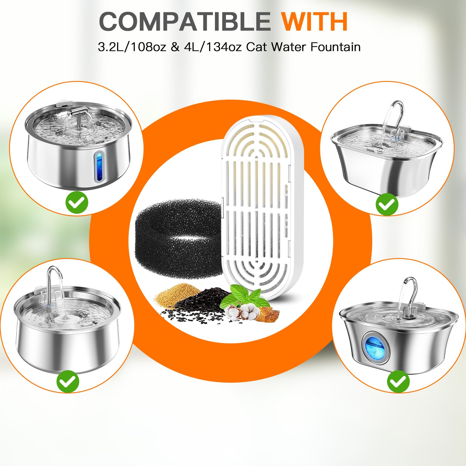 Cat Water Fountain Filters for 108/3.2L& 4L/134oz Stainless Steel Pet Water Dispenser Fountain Filters (6 Filters& 6Sponges) (9