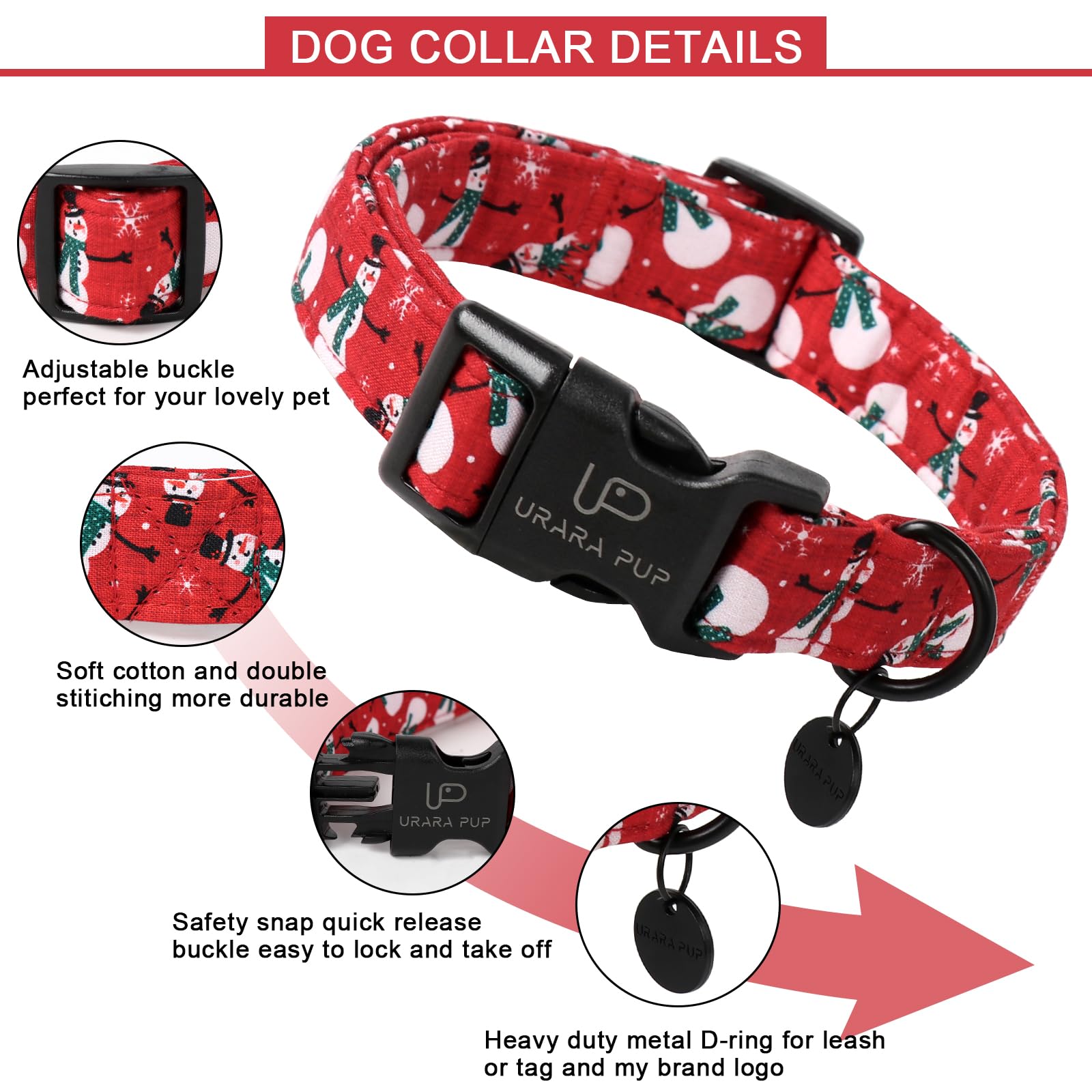 Up Urara Pup Red Christmas Dog Collar, Cute Snowman Christmas Collar With Quick Release, Comfortable Cotton Dog Collar For Puppy