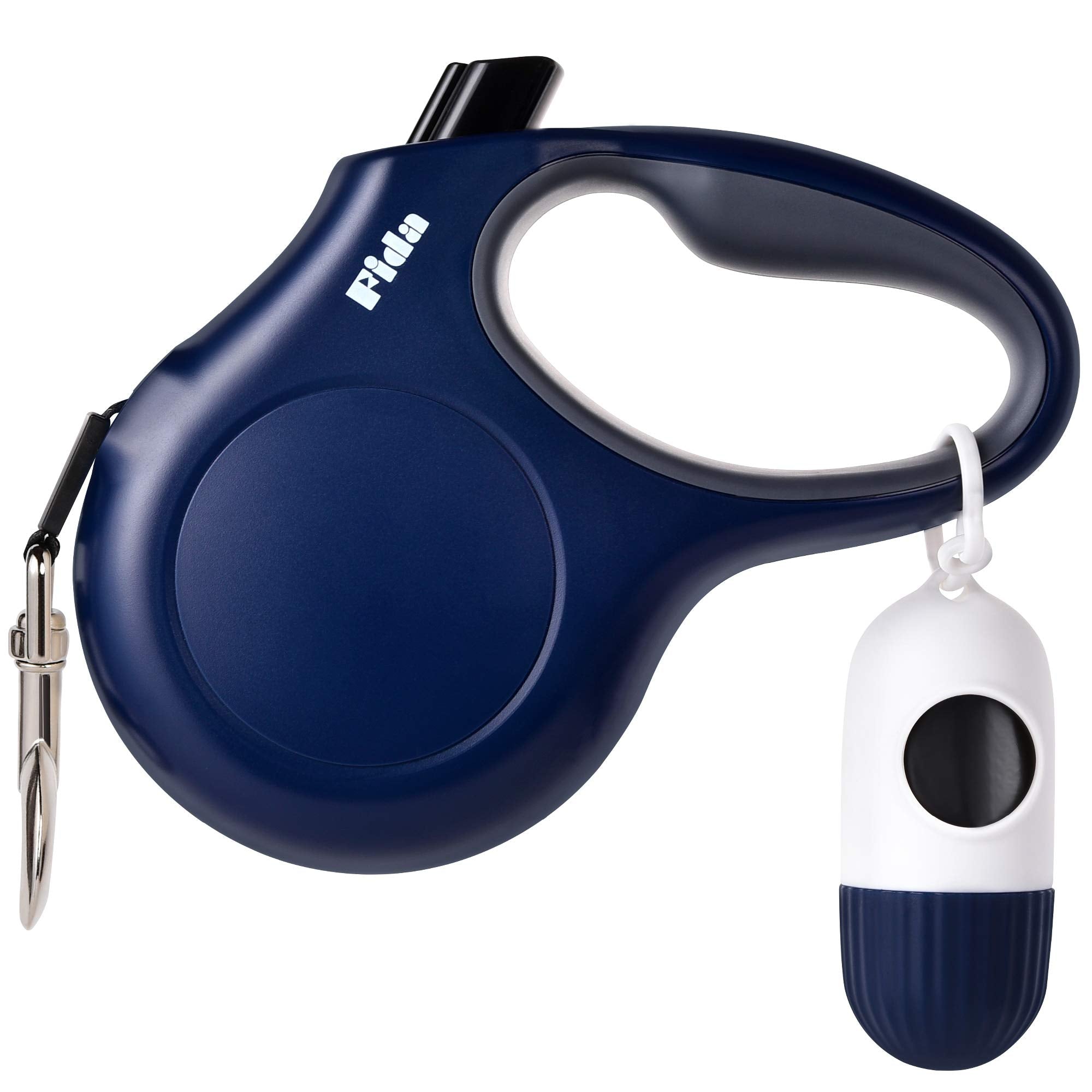 Fida Retractable Dog Leash With Dispenser And Poop Bags, 16 Ft Pet Walking Leash For Medium Dog Or Cat Up To 44 Lbs, Anti-Slip Handle, Tangle Free, Reflective Nylon Tape (M, Navy Blue)