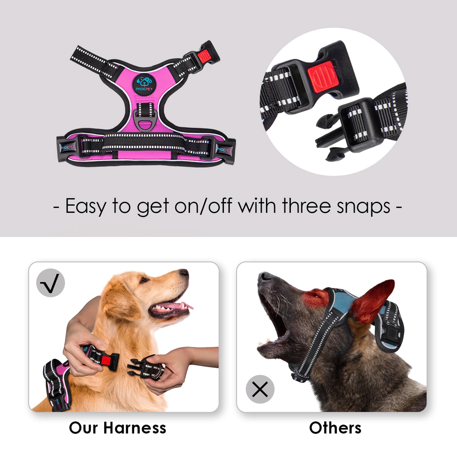 Phoepet No Pull Dog Harness Medium Reflective Front Clip Vest With Handle,Adjustable 2 Metal Rings 3 Buckles,[Easy To Put On & Take Off](M, Pink)