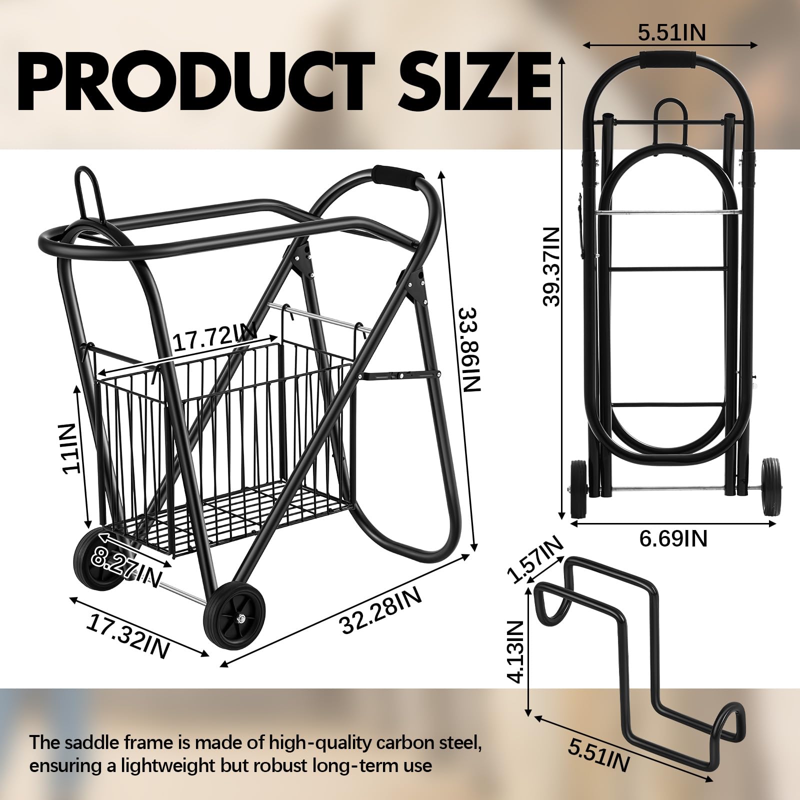 Kritkin Horse Saddle Tack Cart With Wheels, Rolling Iron Heavy Duty Trailer Organizer With Hooks Foldable Horse Cinch Equipments