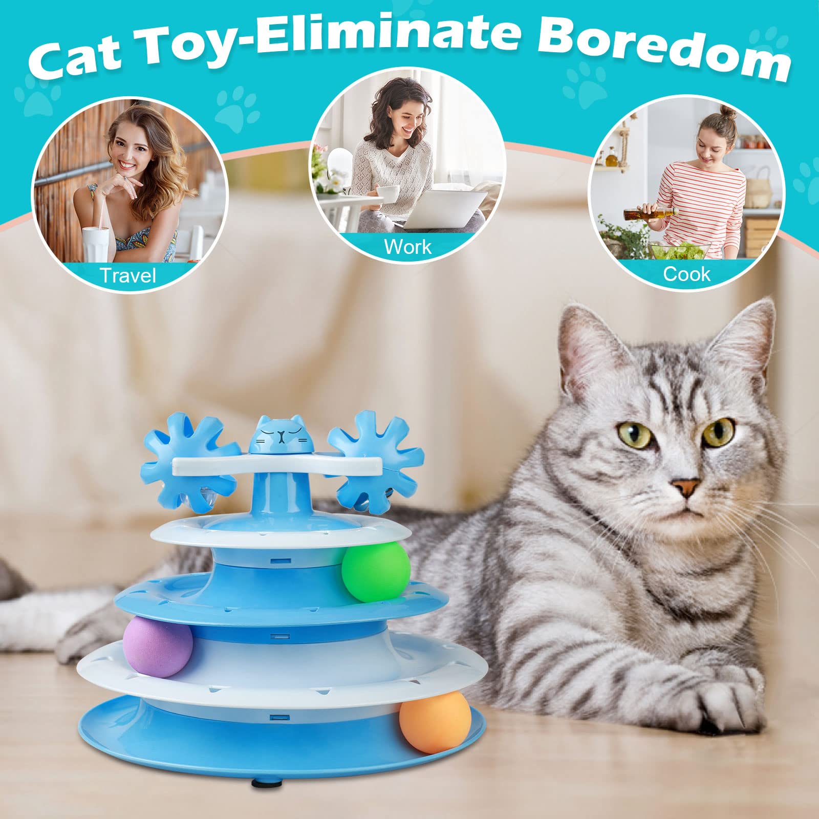 Upsky Cat Toy Roller 4-Level Turntable Cat Toy Balls With Three Colorful Balls And Bell Ball X Turntable Interactive Kitten Fun