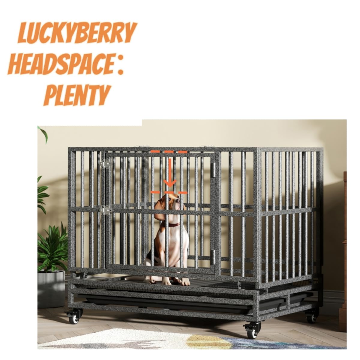Luckyberry Heavy Duty Extra Large Dog Crate With Wheels - Indestructible 38/42/46 Inch Chew-Proof, Escape-Proof Kennel For High-
