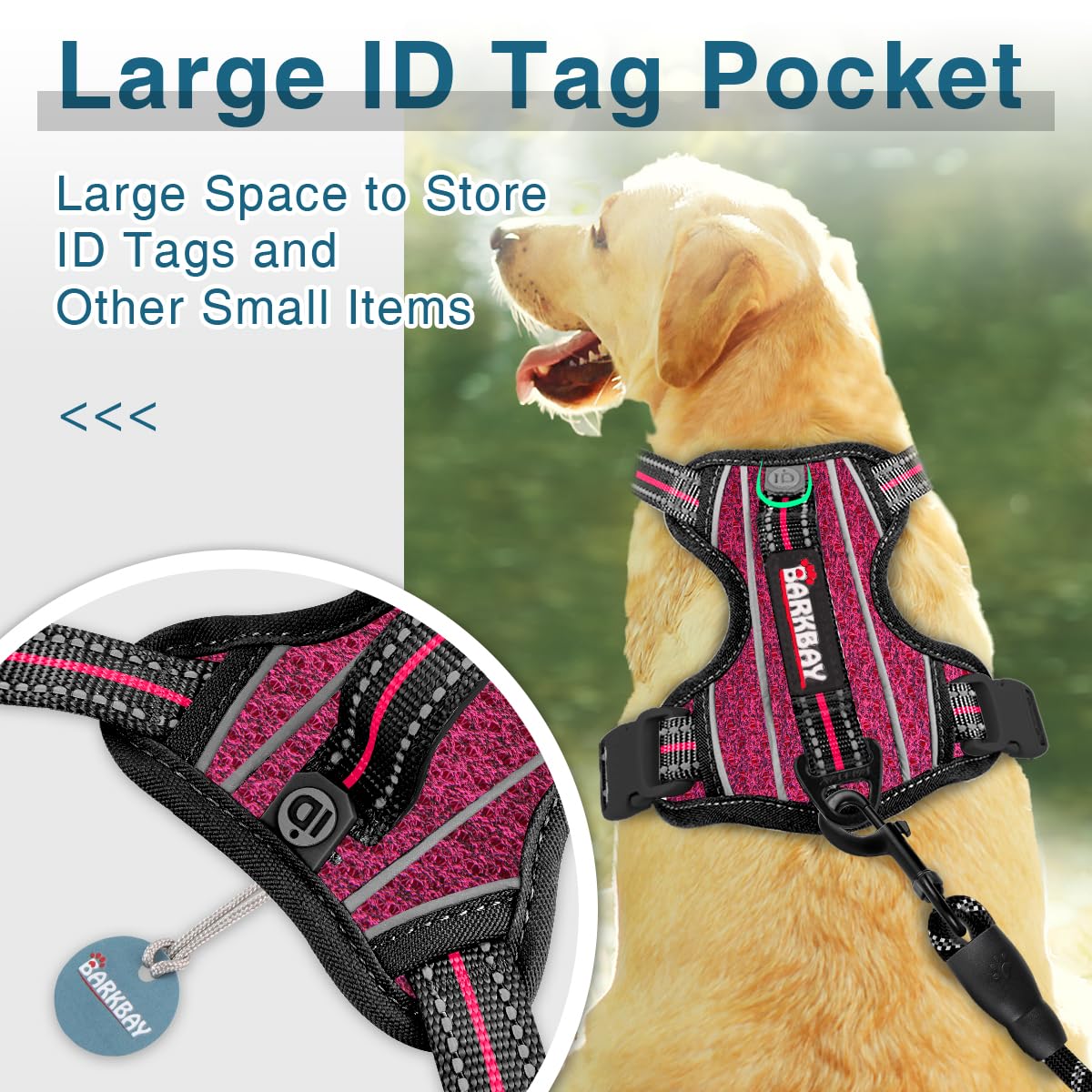 Barkbay Dog Harness No Pull With Id Tag Pocket - Heavy Duty, Reflective, Easy Control For Large Dogs (Pink/Black,L)