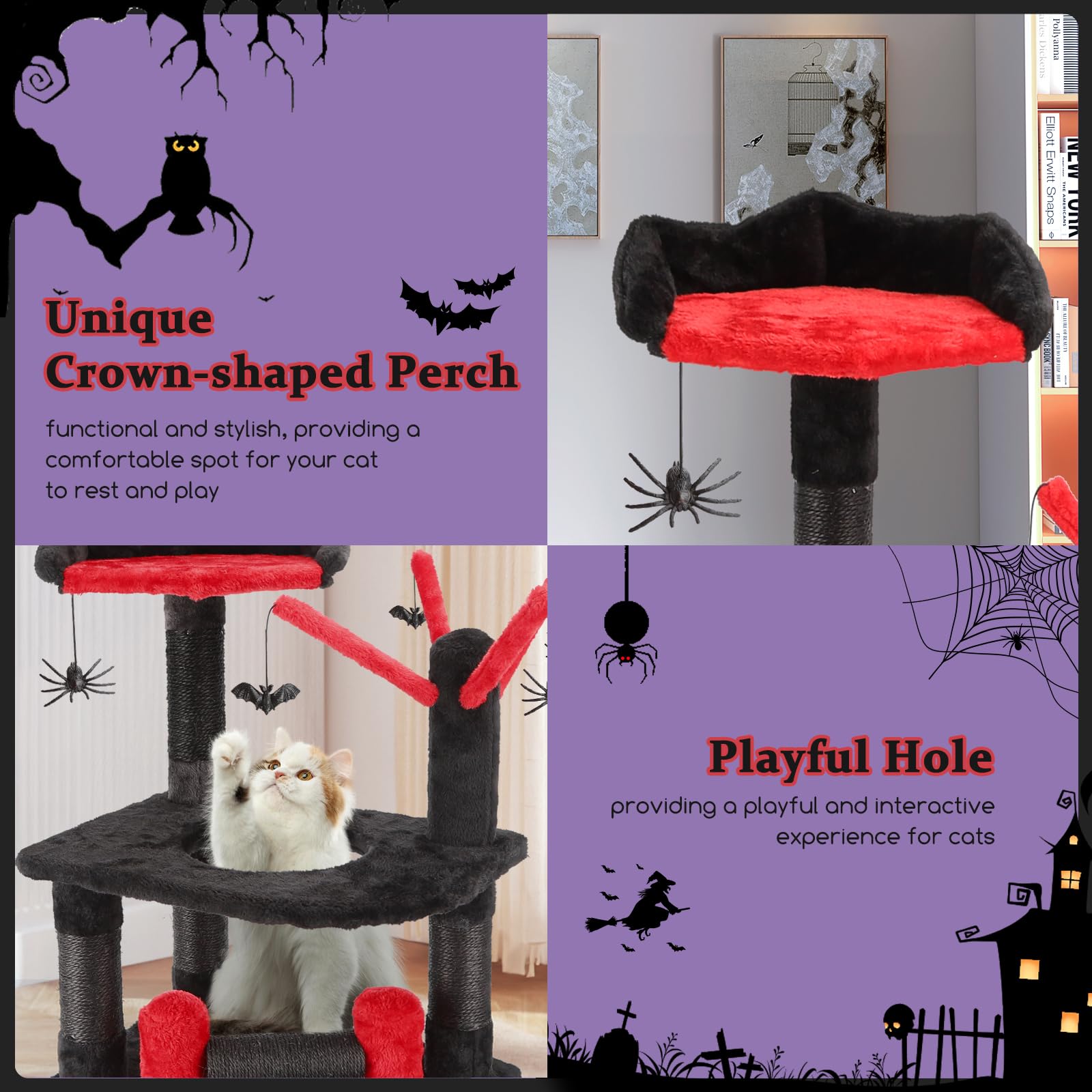 Nobleza Gothic Cat Tree, Halloween Black Goth Cat Tree Tower With Crown Perch & Playful Hole, Indoor Spooky Cat Tree Stand Climb
