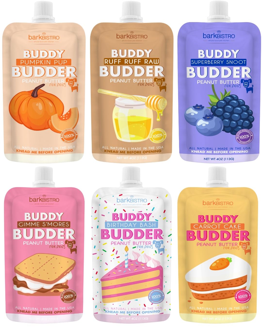BUDDY BUDDER 6 Pack Mixed Flavor Squeeze Packs, 100% Natural Dog Peanut Butter, Healthy Peanut Butter Dog Treats, Made in USA, (