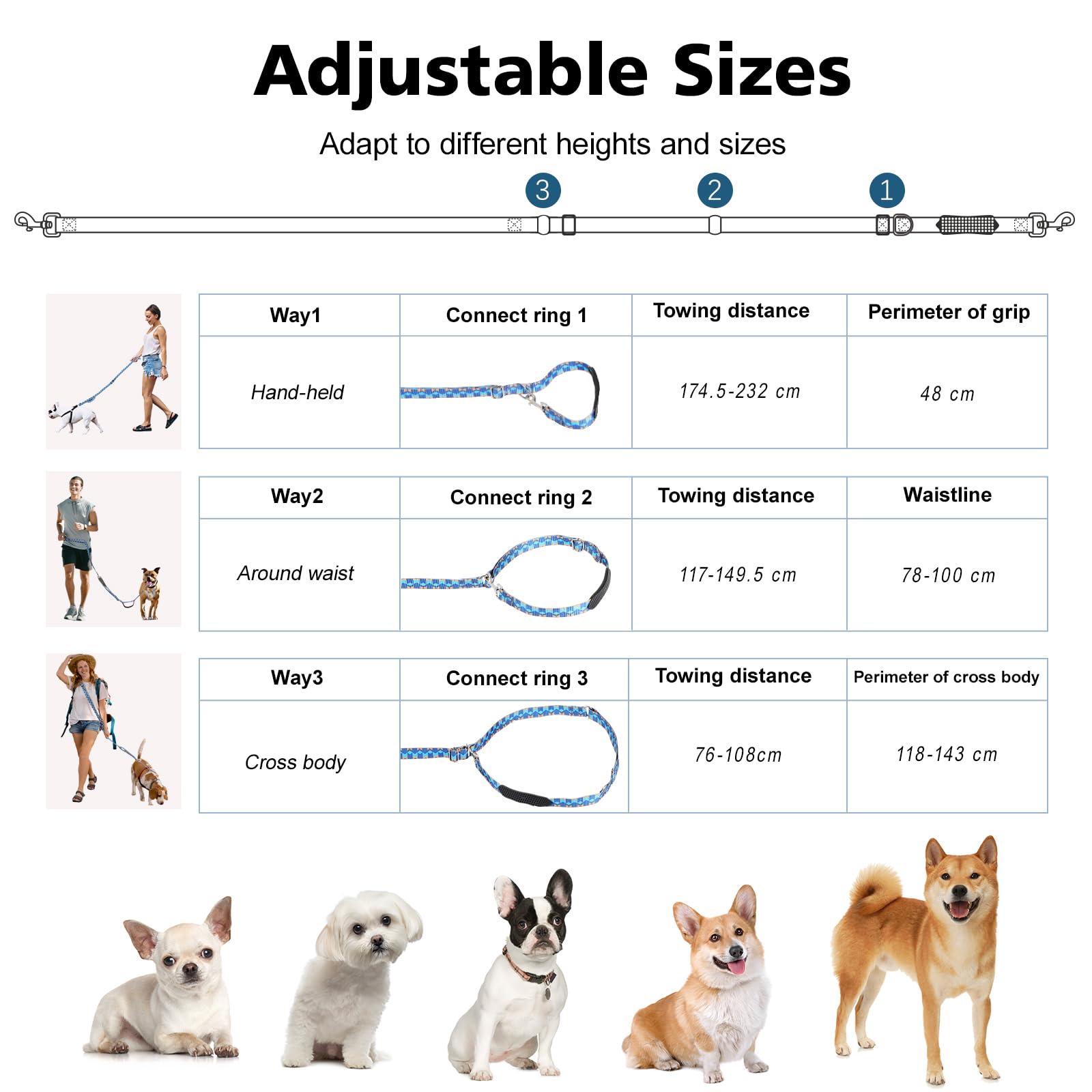 Tivray Hands Free Dog Leash with Sponge Handle, 8.5ft Versatile Crossbody Waist Leash with 3 Rings for Puppy, Small & Medium Dog