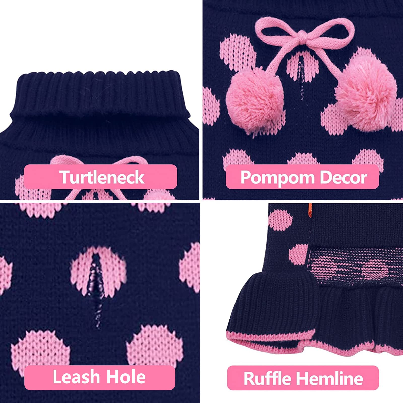 Kyeese Dog Sweaters With Leash Hole Small For Girl Dog Sweater Dress Polka Dot Knit Warm Dogs Clothes With Pom Pom Ball, Xs