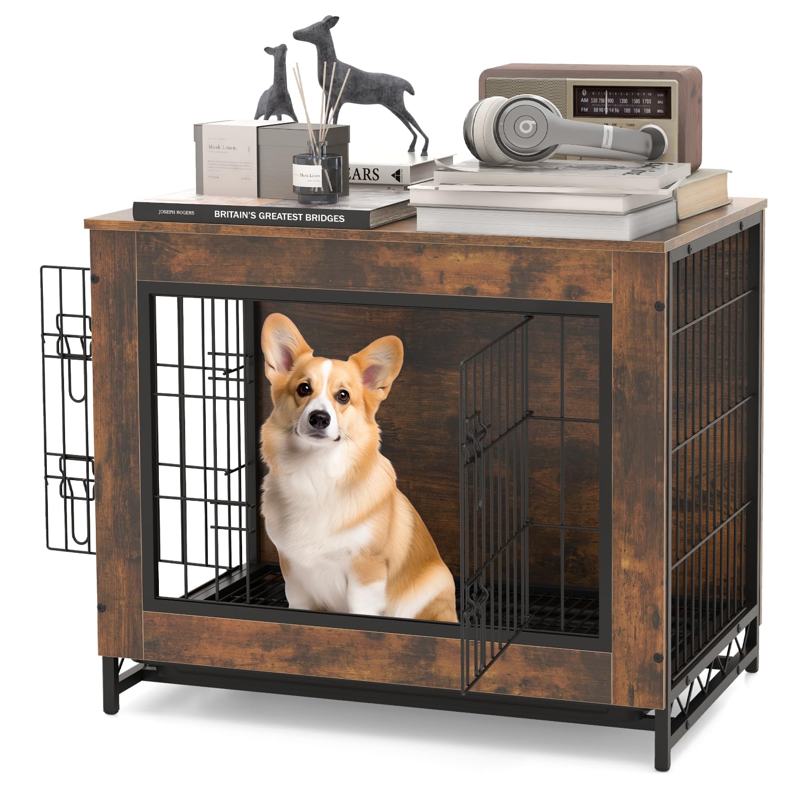 Petsite Industrial Dog Crate Furniture With Removable Tray, Wooden Dog Crate With Double Doors, Dog Furniture End Table, Dog Ken