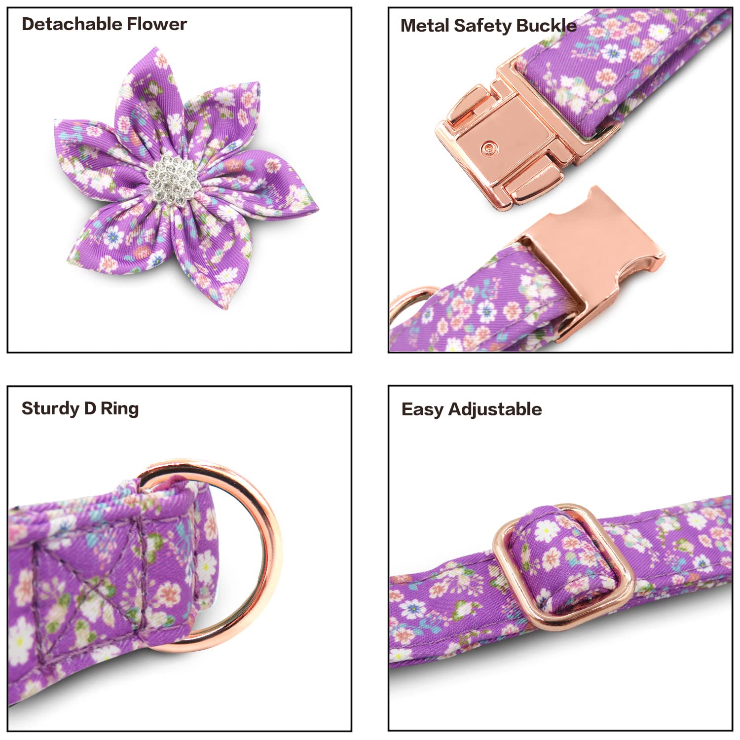 Tdtok Girl Dog Collar For Small Medium Large Dogs, Cute Dog Collar With Detachable Flower Safety Metal Buckle Adjustable Floral Pattern Soft Comfy Cotton Dog Collars, Fit Necks 10.2-23.6’’