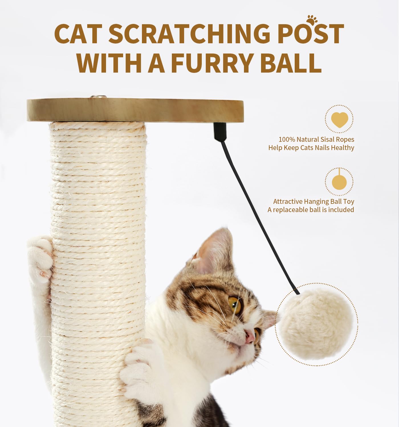 Made4Pets Cat Scratching Post Cat Scratcher Kitten Toys For Indoor Cats Wooden Ball Track Two-Layer Modern Sisal 23.4' Tall Scr