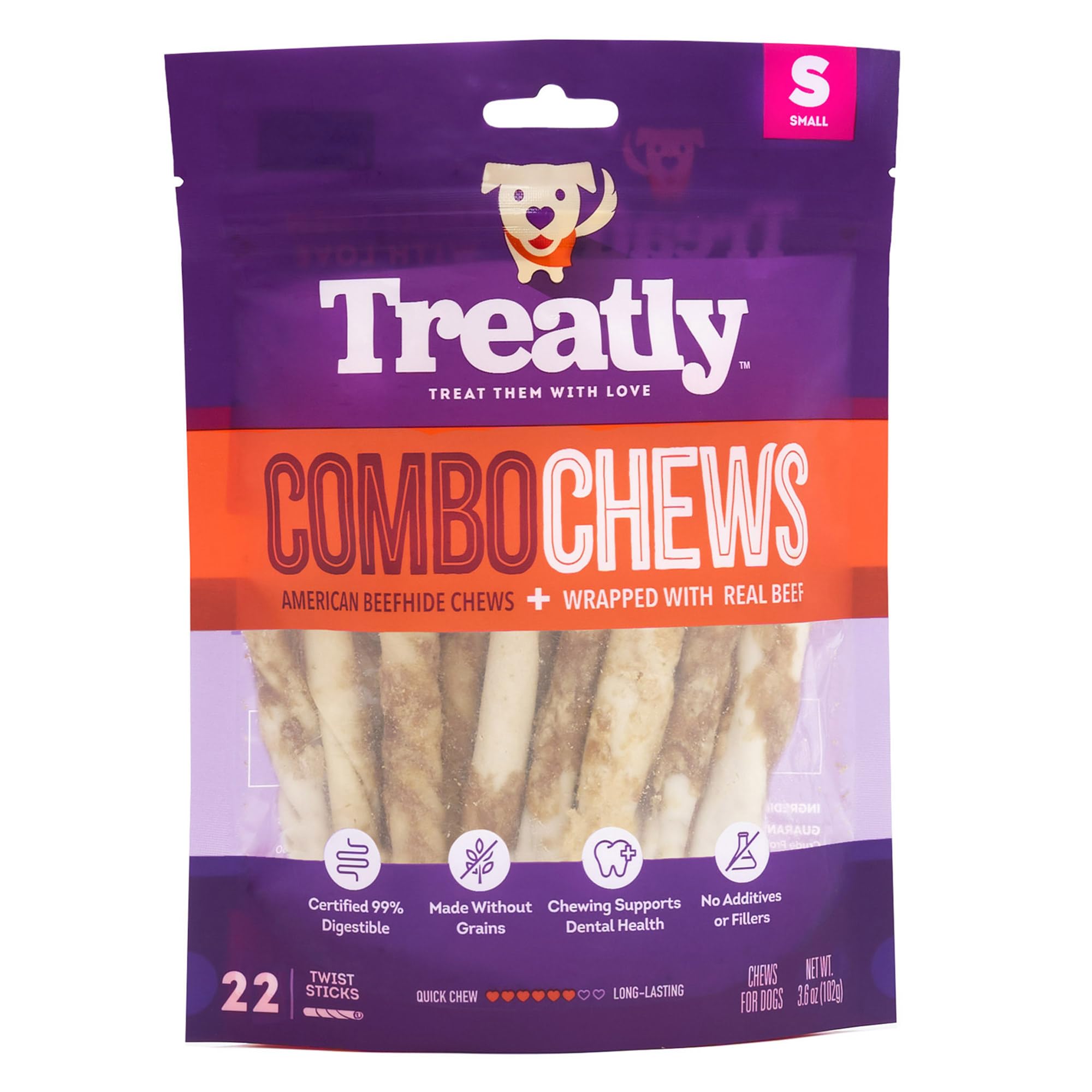 Treatly Combo Chews Beefhide Twist Sticks 5 w/Beef Meat Wrap Dog Chew Treats - 22 Count/1 Pack