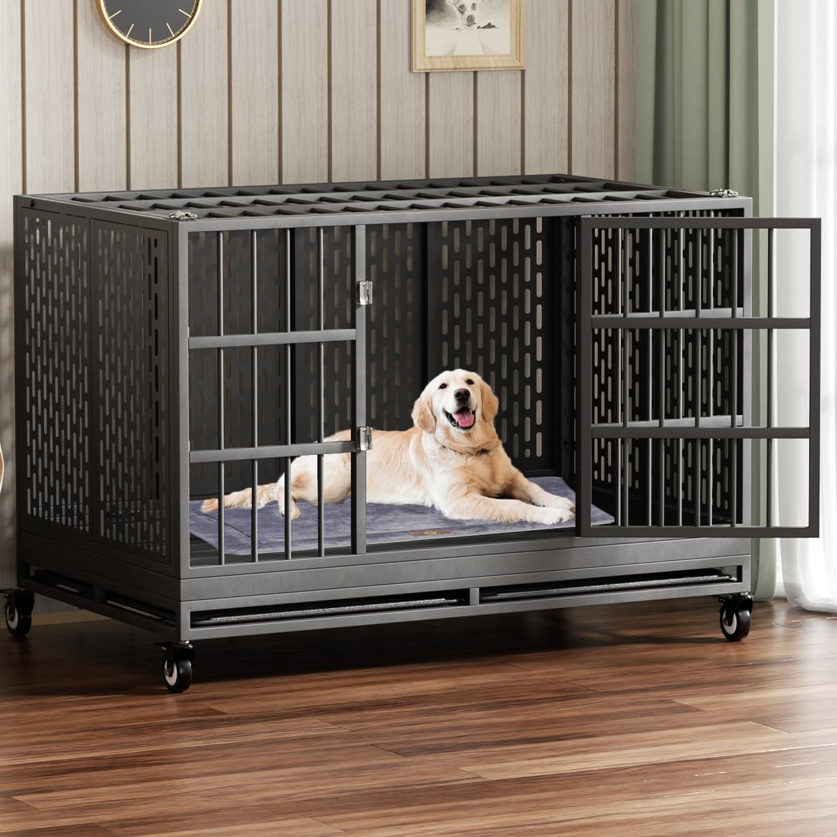 Snuowu 54/48/42/38 Inch Heavy Duty Dog Crate With Wheels, Folding Metal Big Dog Cage For Large And Medium Dogs, Extra Large Xl X