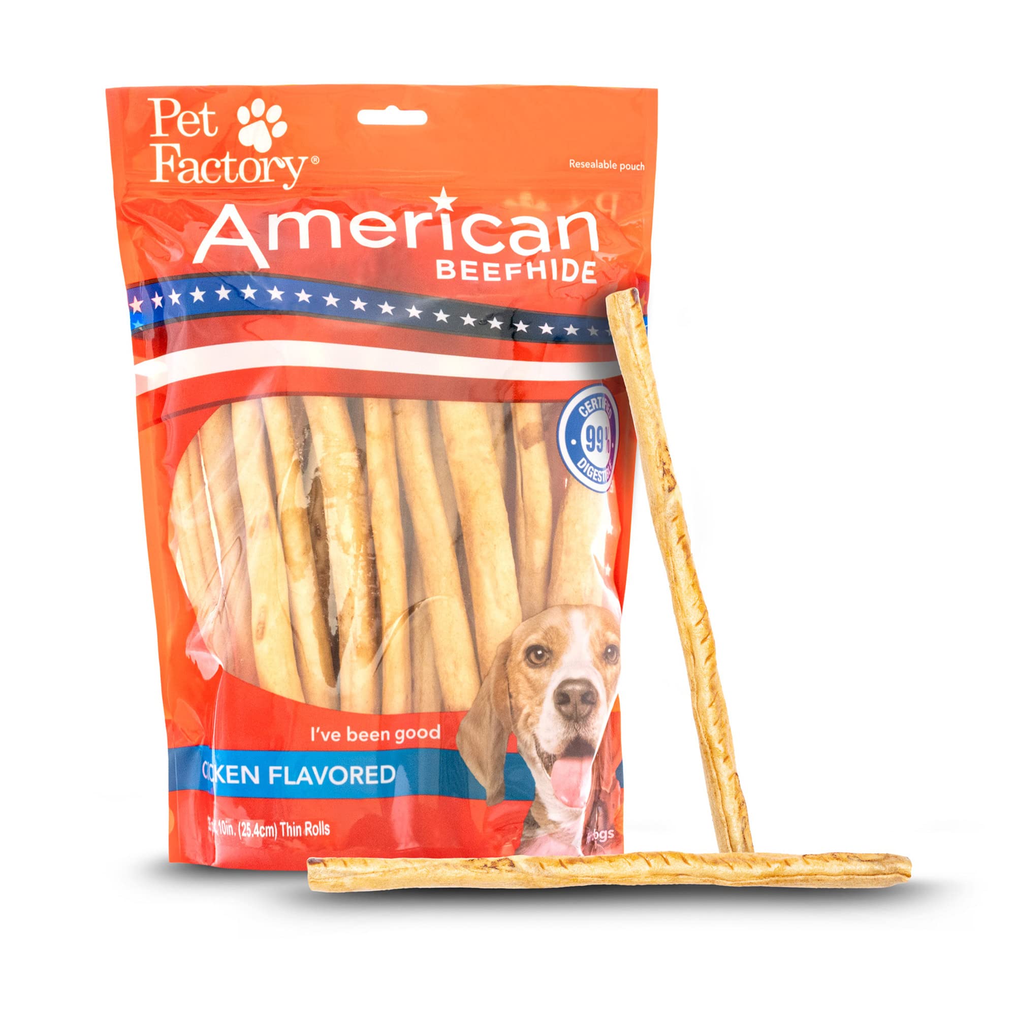 Pet Factory American Beefhide 10 Thin Rolls Dog Chew Treats - Chicken Flavor, 35 Count/1 Pack