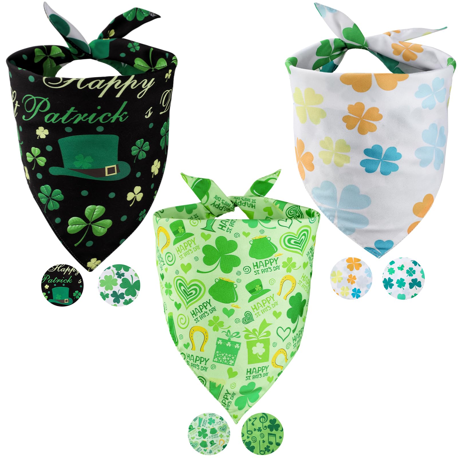 Fhtonge Native St. Patrick'S Day Dog Bandanas Double Layer, 3 Pack 6 Pattern Reversible Lucky Shamrock Clover Holiday Pet Bandan