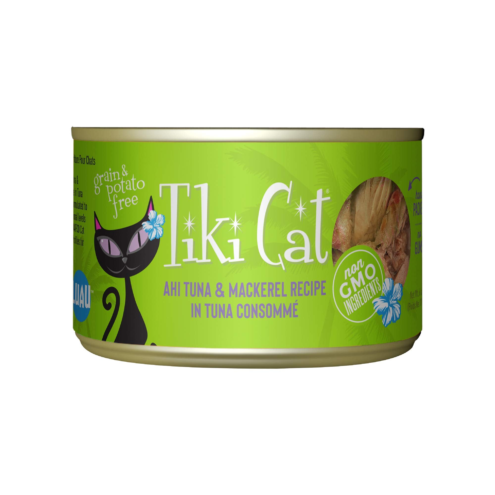 Tiki Cat Luau Shredded Meat, Ahi Tuna & Mackerel Recipe in Tuna Consumme, Grain-Free Balanced Nutrition Wet Canned Cat Food, For
