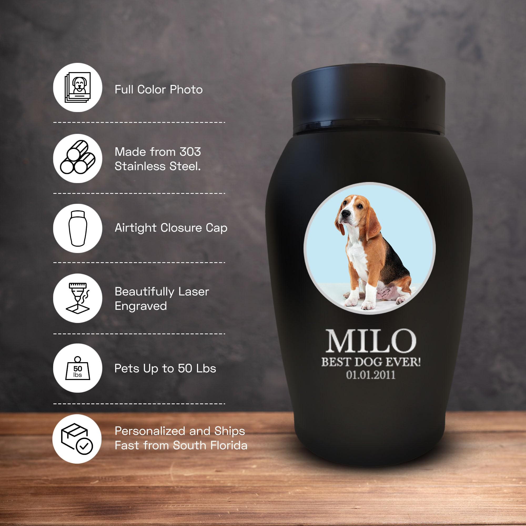 Personalized Custom Photo Dog Urn Engraved Dog Name And Date Stainless Steel Cremation Urns For Dogs Ashes With Pet Photo | Up T