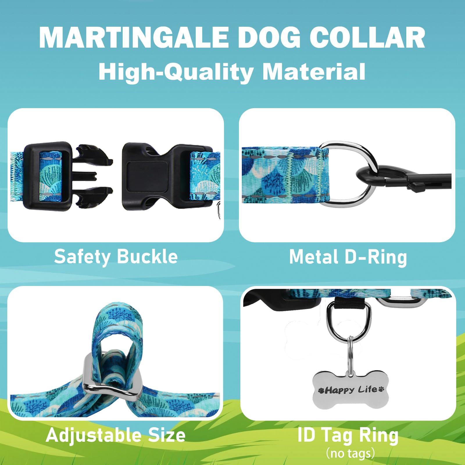 Fidohug Reflective Martingale Collar With Buckle Adjustable Nylon Training Pet Collars For Medium Dogs (Turquoise Shell, M)