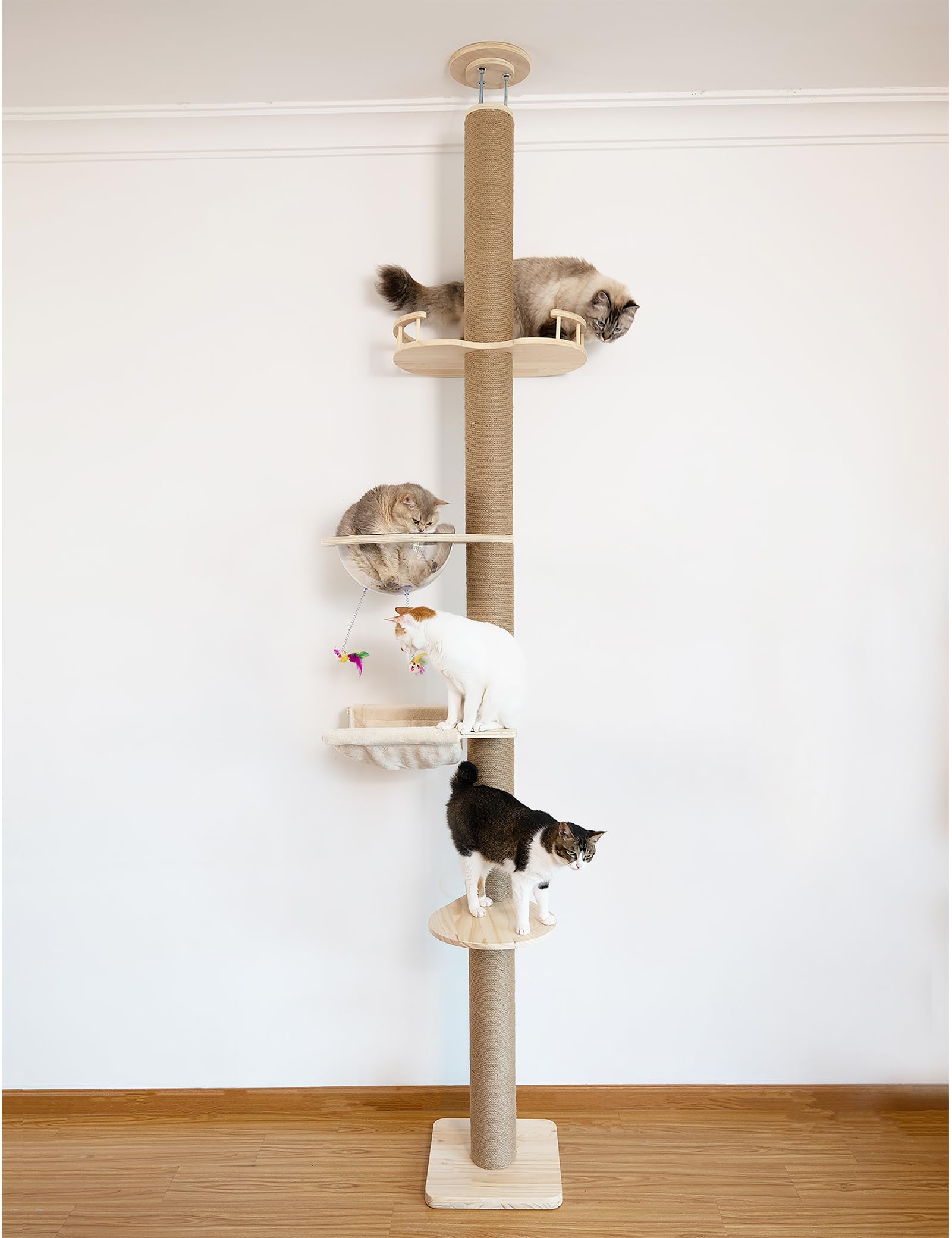 Cat Tree Floor to Ceiling Natural Sisal Rope Scratching Post Height:55.52-118.5 Inches Adjustable Cat Tree Cat Modern Activity T