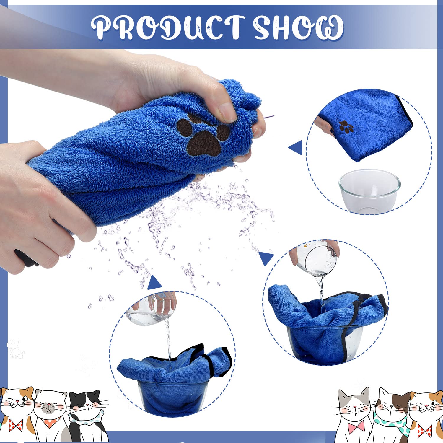 Tegeme 4 Pack Microfiber Dog Towels - Soft, Absorbent Pet Bath Towels for Dogs & Cats, Deep Blue, 35 x 20 Inch, Grooming & Drying
