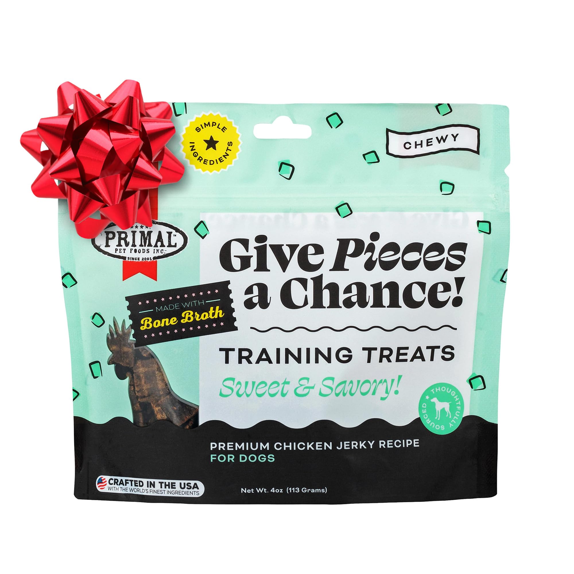 Primal Chicken Jerky Dog Treats Made with Broth, Give Pieces a Chance Training Treat for Dogs, 4 oz