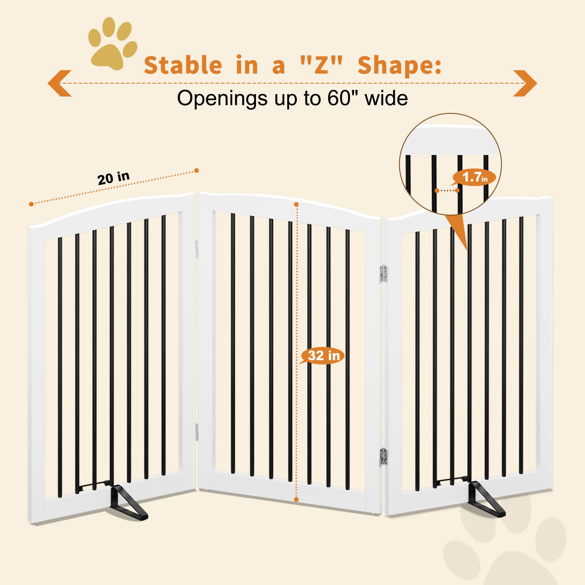 PUPETPO Freestanding Pet Gate for Dogs, Foldable Wooden Dog Gate for House Indoor, Tall Pet Fence for Stair, Doorway,Hall, Suppo
