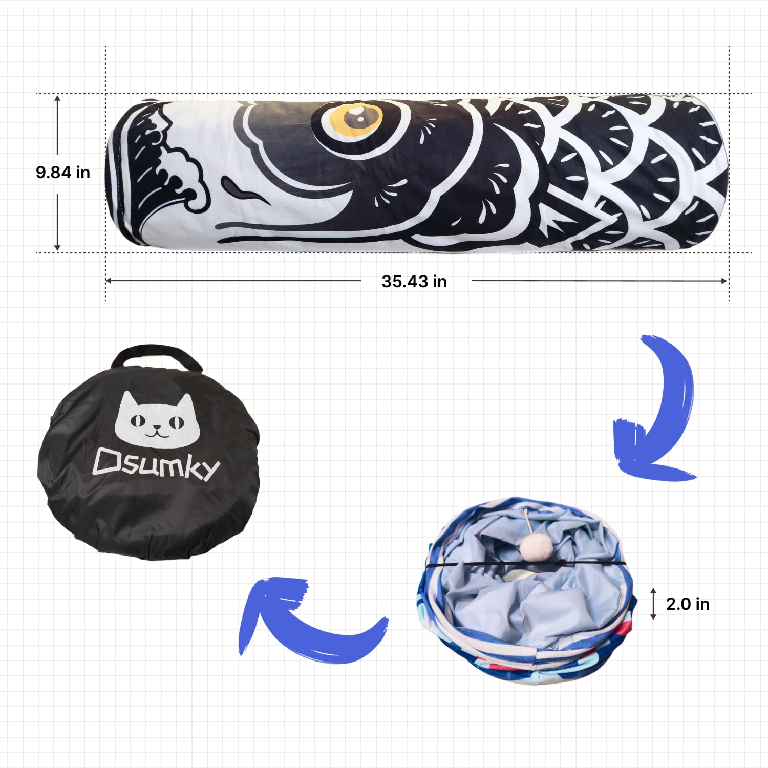 Dsumky Cat Tunnel With Fish Design, Plush Toy Ball, Easy To Clean, Collapsible, Hide & Seek Play, Self-Entertainment Toy (Elegan