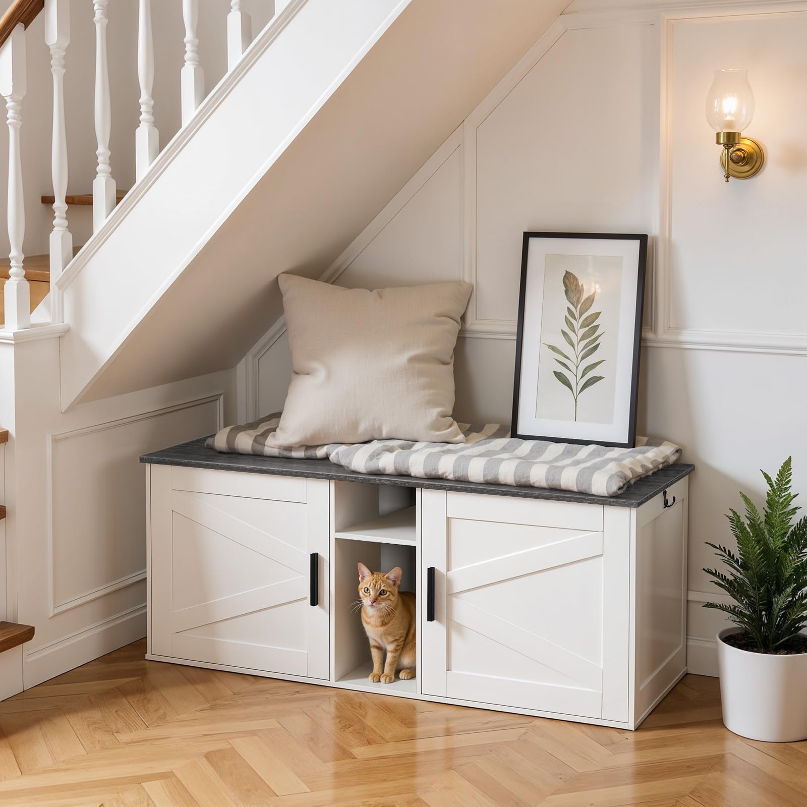 HOOBRO Double Litter Box Enclosure, Modern Cat Litter Box Furniture with Storage and Mat Design, Farmhouse Hidden Litter Box Enc