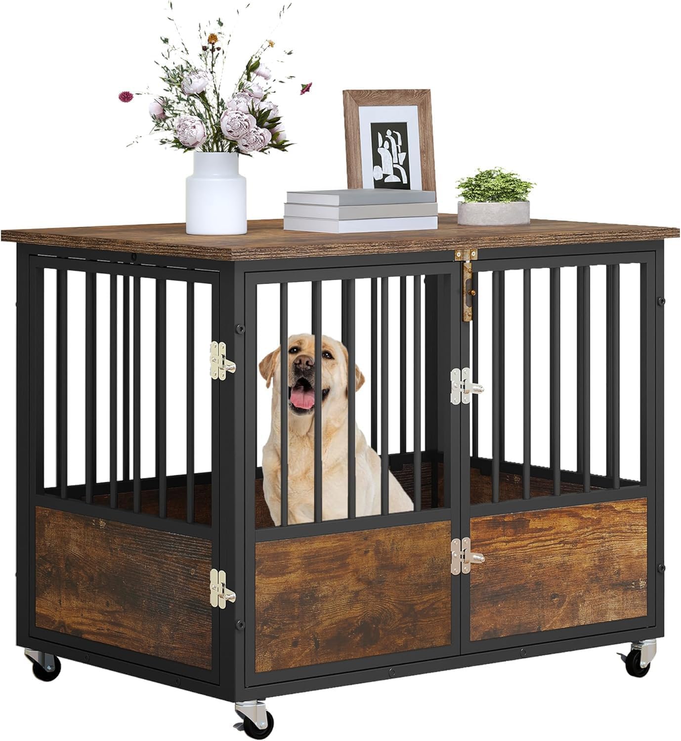 YITAHOME Rustic Heavy Duty Dog Crate Furniture with Wheels, Double-Doors Metal Dog Kennel Indoor for Small Medium Dogs, Decorati
