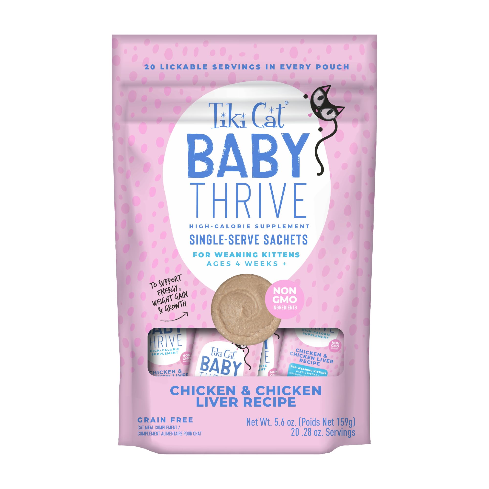 Tiki Cat Baby Thrive, Chicken & Chicken Liver, High-Protein & Flavorful, Wet Cat Food for Kittens 4 Weeks+, 5.6 oz. Pouches (Pac