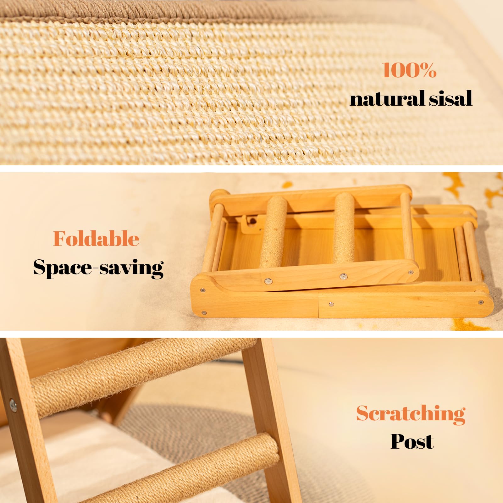 Cheerhome Pets Sisal Cat Scratcher Ramp With Cushion, 20'' X 14.1'' Large Foldable Scratch Board Cats Scratching Post, Wooden Ca