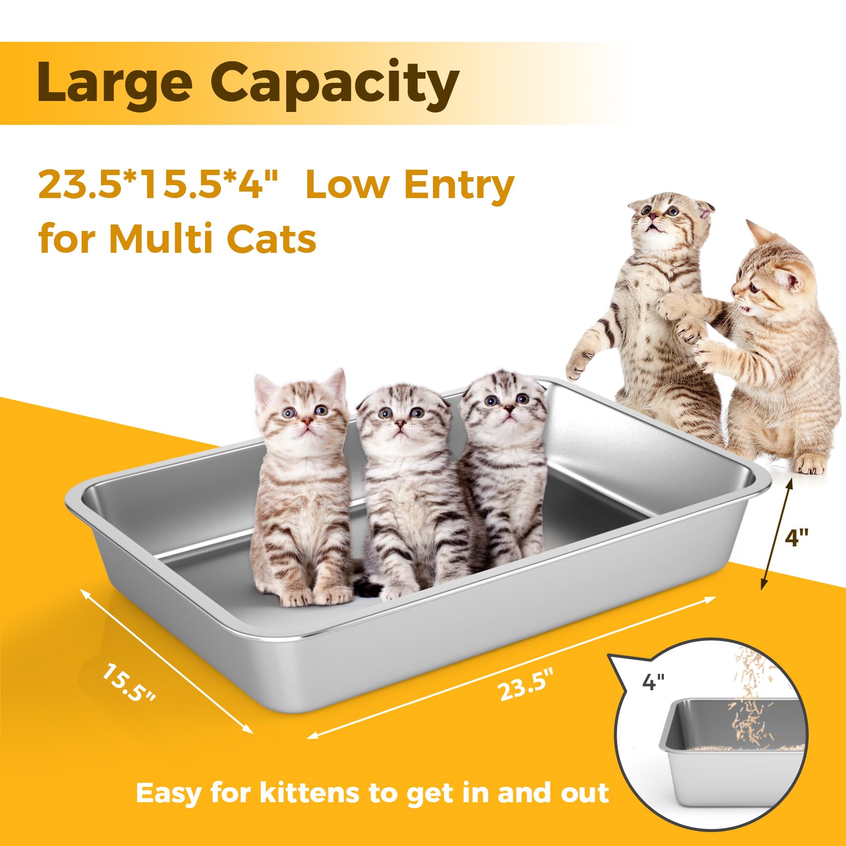 Lihong Stainless Steel Cat Litter Box,Large Metal Litter Box For Small Cats Hamster Rabbits,No Smell,Non Stick,Easy To Clean(24'