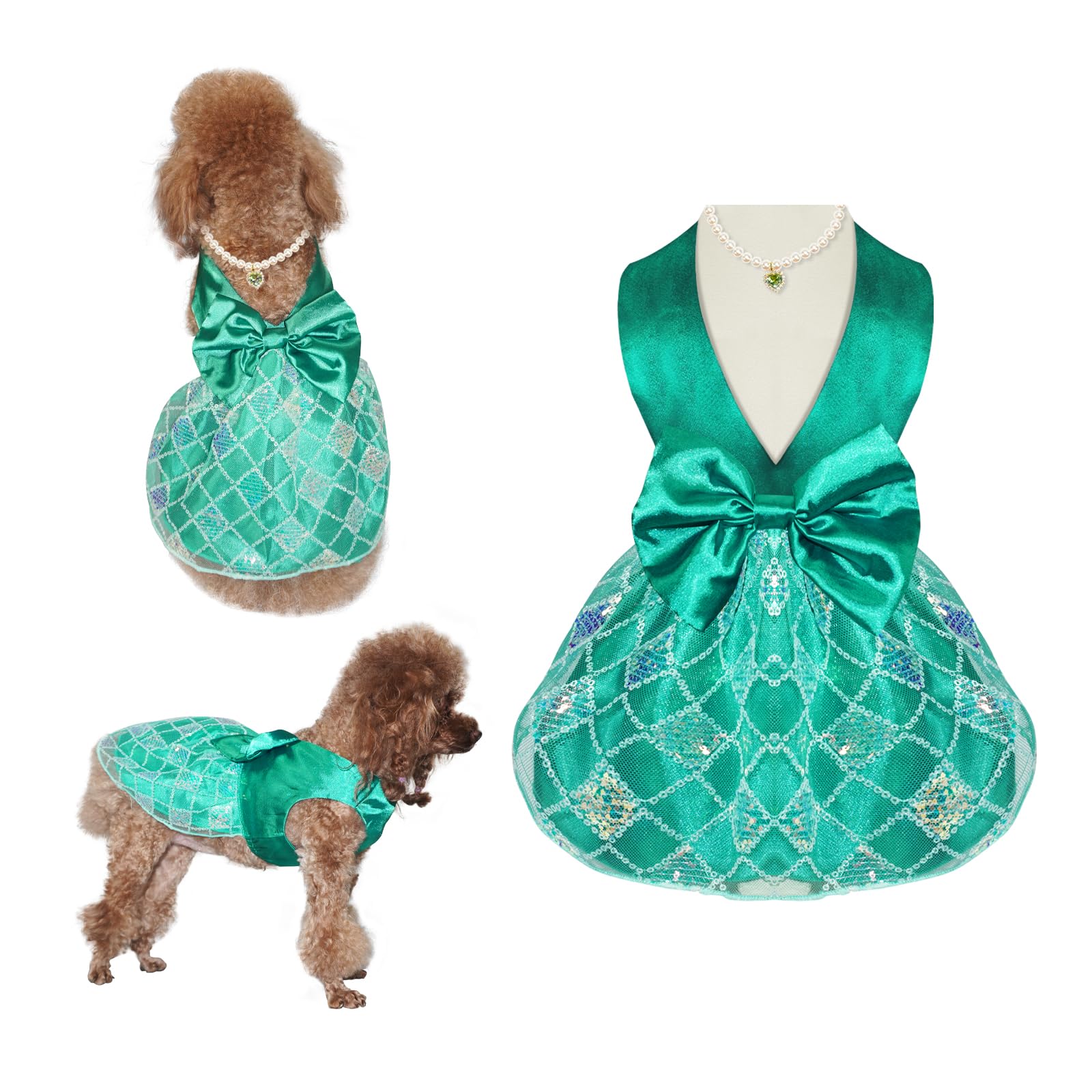 Topkins Puppy Tutu Dress With Bow Tie, Doggy Birthday Skirt With Green Heart Pearl Necklace, Dog Wedding Clothes With Sequin, Br