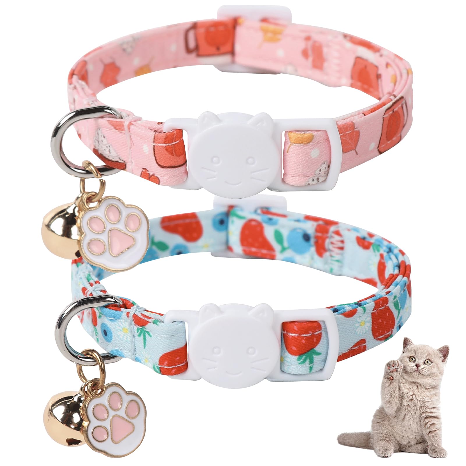 Unique Style Paws Kitten Collar,Cute Cat Collar With Bell,Kitten Collar Breakaway Buckle With Strawberry,Pumpkin Pattern,Adjusta
