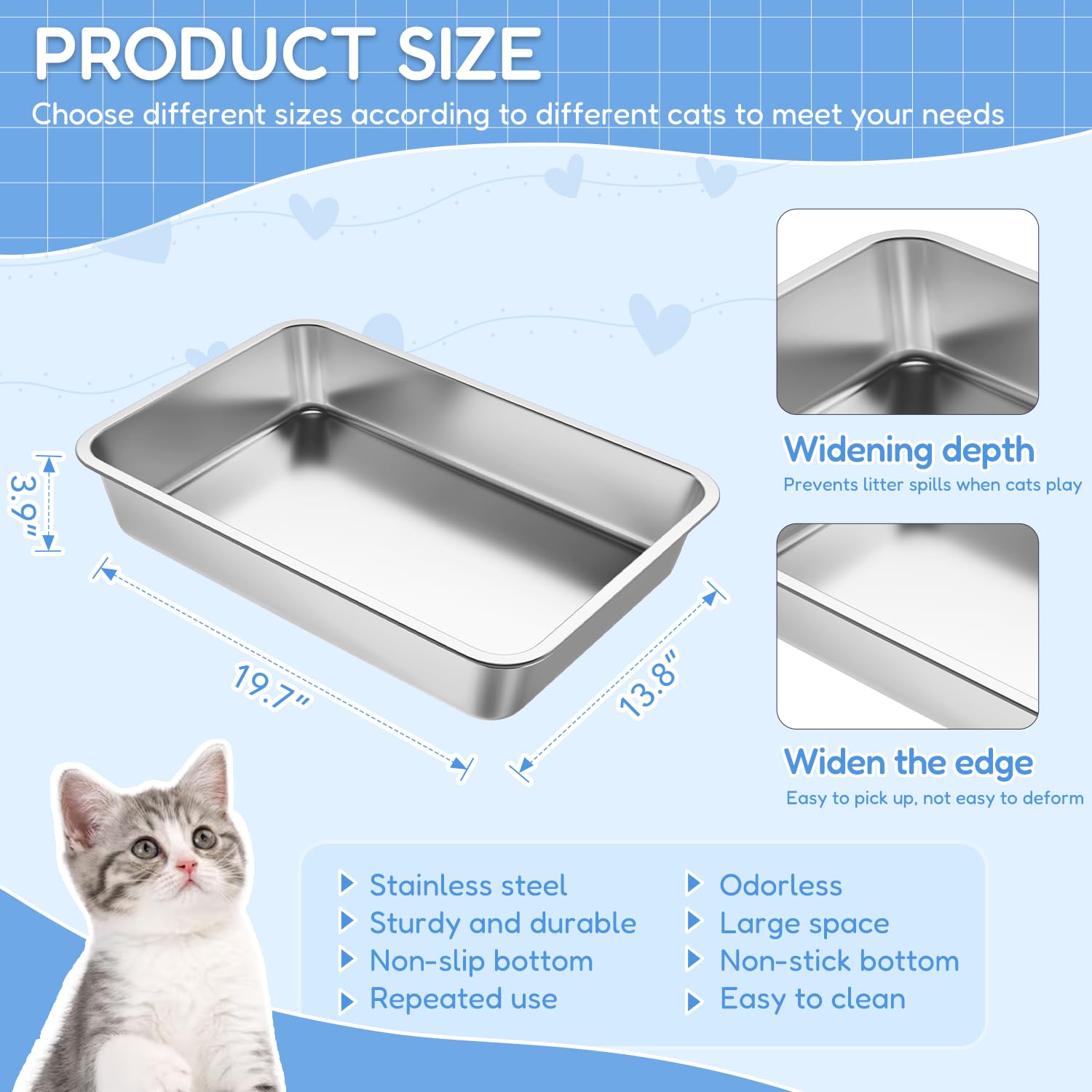 Lihong Stainless Steel Cat Litter Box,Large Metal Litter Box For Small Large Cats Kitty Rabbits,No Smell,Non Stick,Easy To Clean(20' Lx14 Wx4 H,L)