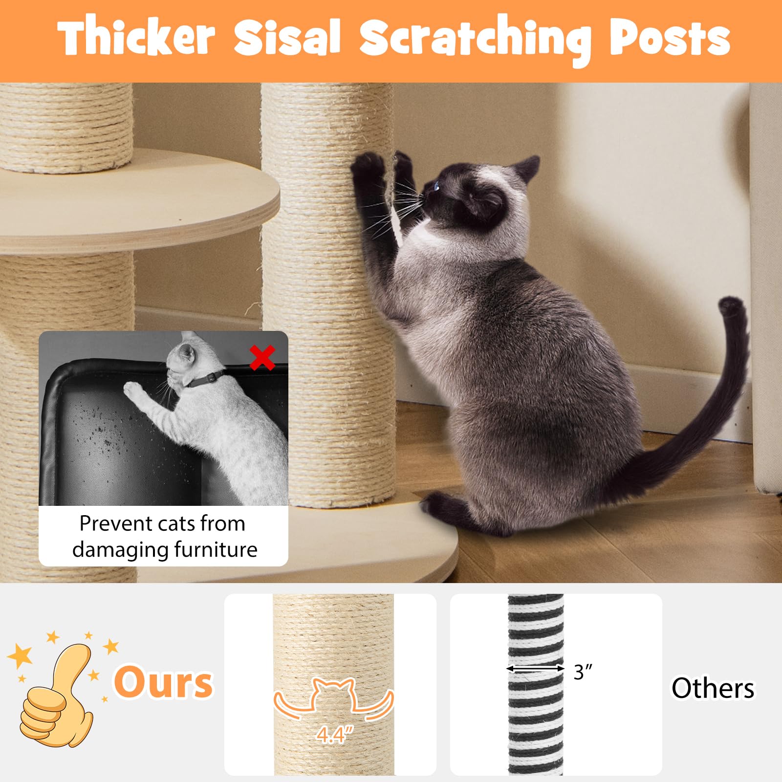 Petsite 59 Inch Tall Cat Tree Tower, Multi-Level Cat Tower With Sisal Scratching Posts, Non-Woven Cat Hammock, Cozy Top Perch, A