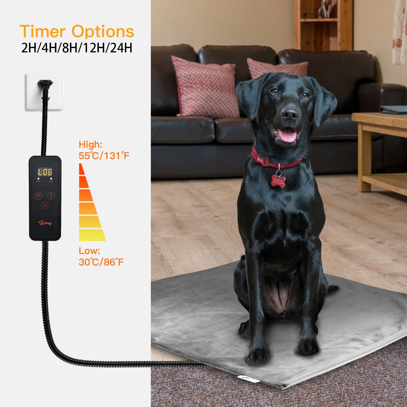 Toozey Large Pet Heating Pad, 6 Adjustable Temperature Dog Cat Heating Pad With Timer, Waterproof Heated Dog Bed With Chew Resistant Cord, Indoor Electric Pet Heated Mat 35X24In
